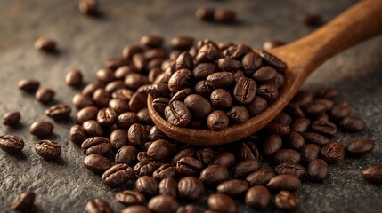 Fototapeta premium Coffee Close-Up, detailed view of roasted coffee beans with glossy texture and rich brown tones, cinematic macro shot highlighting natural cracks and surface shine.