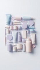 Pastel Cosmetic Product Arrangement A Flat Lay Showcase of Beauty Essentials on a Plain Background