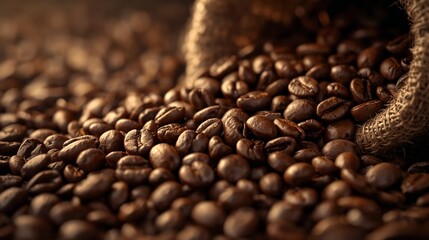 Coffee Close-Up, detailed view of roasted coffee beans with glossy texture and rich brown tones, cinematic macro shot highlighting natural cracks and surface shine.