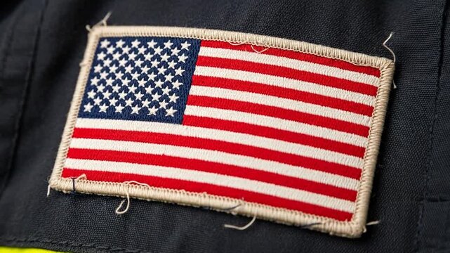 Close-up of a United States Flag Patch on a Uniform, Military or Tactical Clothing, Patriotic Symbol, High-Quality Embroidered Design, Authentic American Heritage, Supporting National Pride and
