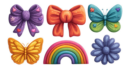 Obraz premium Colorful Clipart Collection of Bows, Butterflies, Flowers, and Rainbow