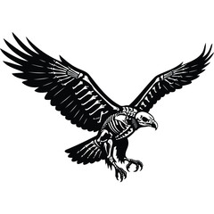 Obraz premium Skeletal Eagle Bird of Prey Flying Wings bones skeleton predator raptor gothic dark black and white monochrome vector illustration graphic