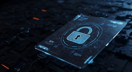 Digital lock icon in dark tech environment, sharp focus, dramatic lighting, authentic cybersecurity concept