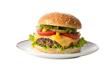 Hamburger with lettuce, tomato, and cheese on a white plate
