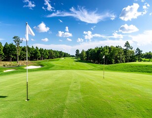 Green Golf Course under Blue Sky: A perfectly manicured golf course stretching towards the horizon under a vibrant blue sky dotted with fluffy clouds.