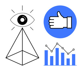 Geometric pyramid with eye, hand symbol for approval, and statistical graph in blue. Ideal for analytics, decision-making, creativity, design concept, monitoring, evaluation technology simple