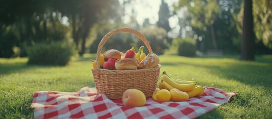 Picnic basket filled with fruits and bread on a checkered blanket in a park.