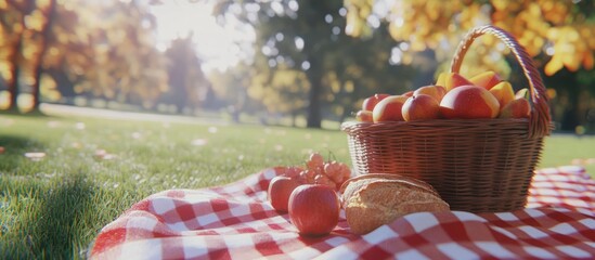 Autumn picnic scene with apples and bread in a park.