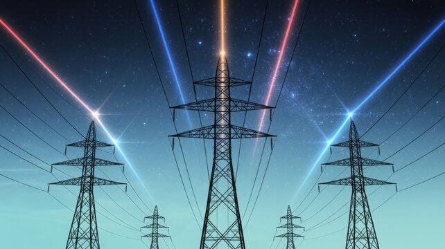 Ai generated image of electric power transmission towers with glowing energy lines against a starry night sky