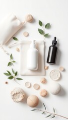 Natural Beauty and Wellness An Elegant Still Life of Skincare Products, Bath Bombs, and Botanical Elements on a White Background
