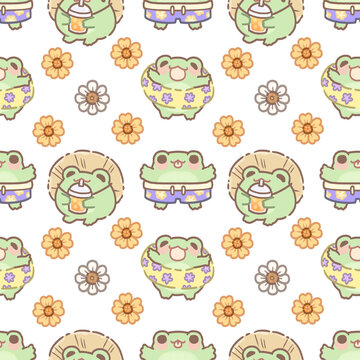 Cute Summer frog Seamless Pattern &ndash; Transparent PNG Background with pants, Boba, Floaties, and Flowers