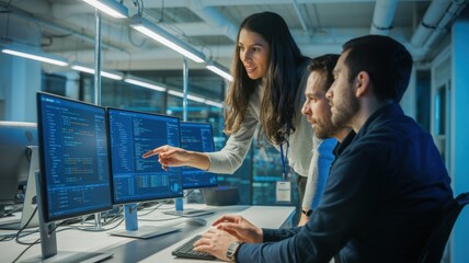 Ai generated image of three diverse colleagues collaborating on a computer project in a modern office, focusing on the screen with code