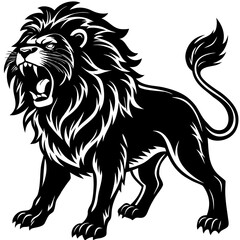 Fototapeta premium Stylized black silhouette of a roaring lion with a detailed mane on a white background black and white