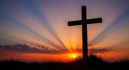 Cross silhouette against dramatic sunrise sky with sunburst rays symbolizing hope and faith
