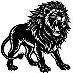 Obraz premium Black silhouette of a roaring lion with a flowing mane on a white background black and white animal