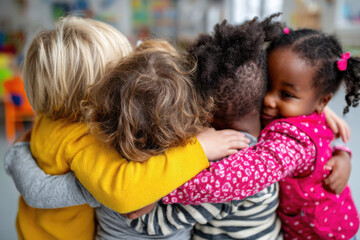 Preschool children of various ethnicities hugging in a circle at kindergarten, symbol of innocence and inclusion from early childhood