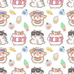 Cute Summer Hamster Seamless Pattern – Transparent PNG Background with Hamster, Floaties, Ice-cream, Sunglasses, watermelon, and Flowers, Smoothie, Popsicle.