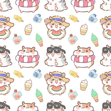 Cute Summer Hamster Seamless Pattern &ndash; Transparent PNG Background with Hamster, Floaties, Ice-cream, Sunglasses, watermelon, and Flowers, Smoothie, Popsicle.