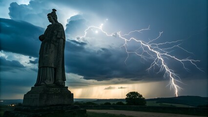 Fototapeta premium A dramatic landscape features a stone statue of a person standing on the edge of a rugged cliff overlooking a vast, turbulent ocean under a stormy sky. Dark, omi