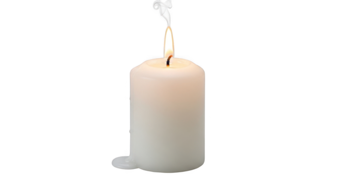 A single white candle burns brightly on a dark background with a trail of smoke rising from the wick