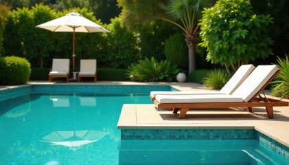 Two empty sun loungers beside a shimmering pool, lush garden backdrop, tropical, idyllic, summer