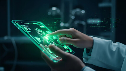 Scientist interacts with futuristic transparent tablet displaying holographic data.