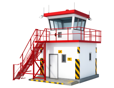 Modern Industrial Control Tower with Red Staircase and Warning Stripes isolated on a transparent background