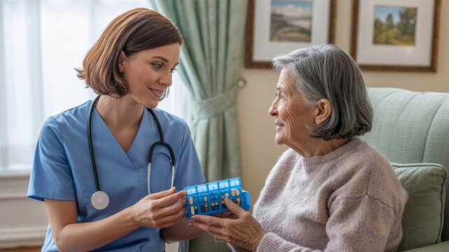 Ai generated image of nurse giving medication to elderly woman in a cozy home setting, focusing on care and support - Powered by Adobe
