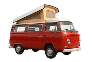 Fototapeta premium Vintage Red Camper Van with Roof Tent on Transparent Background