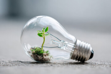 Broken lightbulb with green plant sprouting from inside, metaphor for sustainable ideas and green innovation