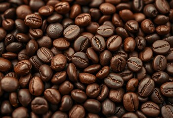 Naklejka premium Close-up of roasted coffee beans, rich brown tones, textured surface, photography, organic