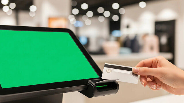 A hand inserting a credit card into a card reader with a green screen display in a retail environment.