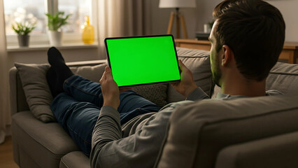 Man relaxing on sofa, using tablet with green screen.