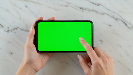 Woman's hands hold smartphone with green screen, finger interacting.