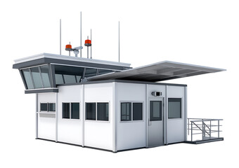 Modern Modular Security Control Booth with Observation Deck and Communication Antennas isolated on a transparent background