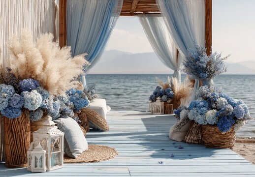 Beachside gazebo with blue hydrangeas and pampas grass