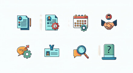 Comprehensive set of human resources and recruitment icons, depicting talent acquisition, employee management, and business processes with modern digital solutions.