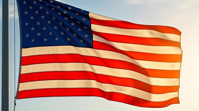 Vivid American Flag Waves Joyfully in the Breeze Symbolizing Patriotism, Freedom, and National Pride with Bright Red, White, and Blue Colors Flying Politically and Culturally Signifying Freedom and
