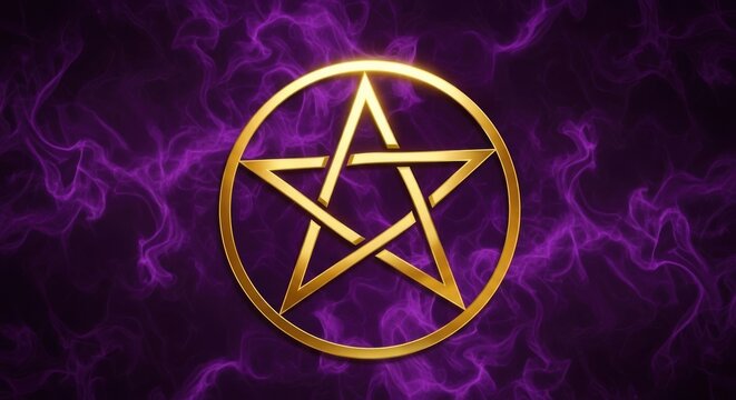 A golden pentagram within a circle on a purple background with smoke like wisps of vapor swirling around it