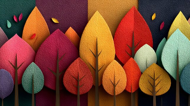 Colorful abstract paper cutout forest with textured leaves and trees in vibrant autumn shades, creative nature background design, modern artistic landscape illustration.