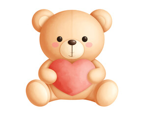 Cute teddy bear holding a heart isolated on transparent background