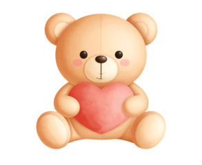Cute teddy bear holding a heart isolated on transparent background