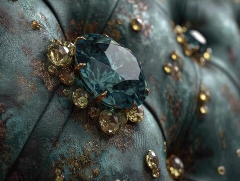 Teal fabric, detailed with gemstones, close-up