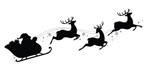 Santa Claus on sleigh flying sky with reindeers black vector silhouette on white background. illustration design for winter holiday decoration, Christmas greeting card and Happy new year.