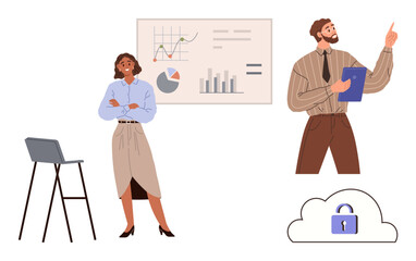 Business meeting with two professionals analyzing graphs and charts, cloud security concept. Ideal for teamwork, communication, analytics, technology, innovation, cybersecurity, data management