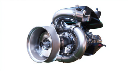 3D realistic racing car turbocharger system (clean modern detail, white isolated background