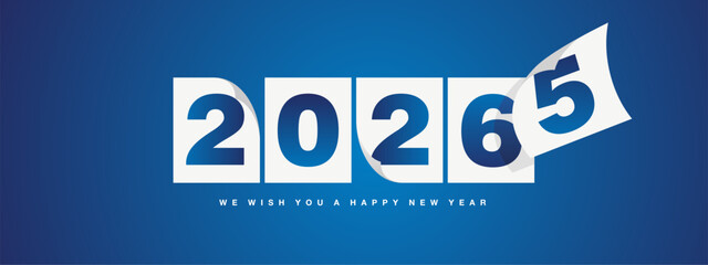 Happy New Year 2026 greeting card design template on blue background. New Year 2026 start concept. The wind turns old calendar year and the new year begins
