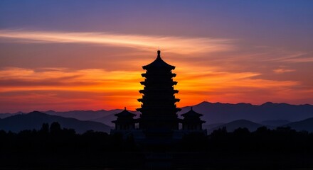 Pagoda silhouette at sunset landmark and travel destination