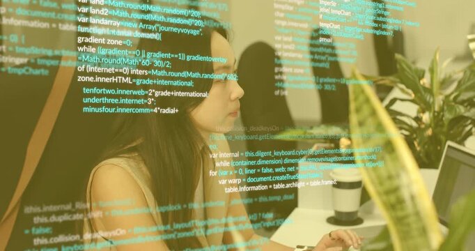 Software engineer settling at desk scanning code overlay appearing on laptop while typing fixes