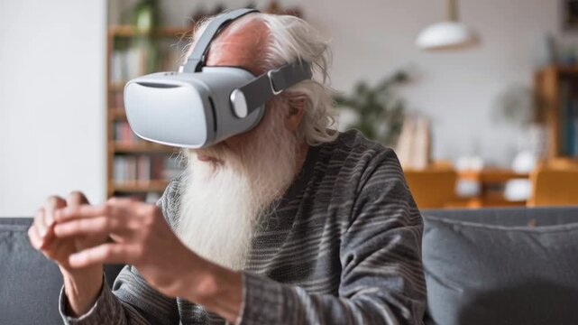 An older man is playing a video game using a virtual reality headset. He is wearing a gray sweater and has a beard. The room is furnished with a couch and a few books - Powered by Adobe